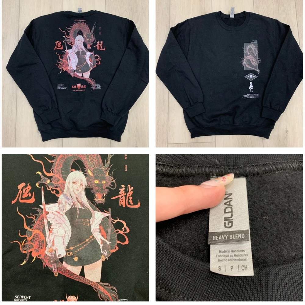 GHARLIERA HUI _ RYU Anime Gildan Black Crewneck Sweater with Artistic Graphic